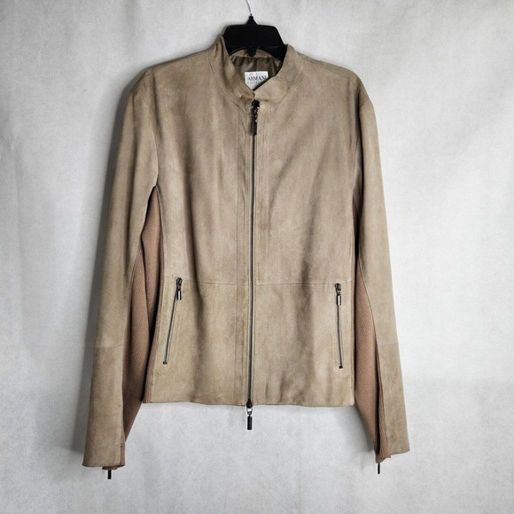 Armani Collezioni Jackets & Blazers - Armani Collezione Tan Brown Suede Leather Zip Front Jacket Knit Insets Size 44